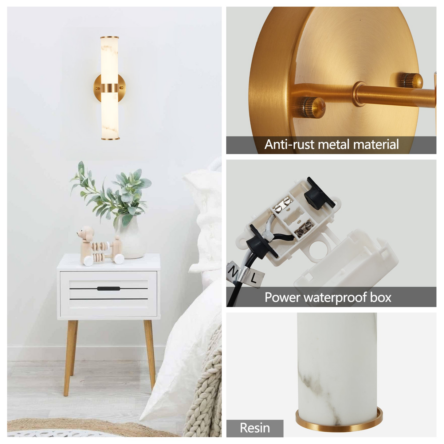 Golden and Elegant Resin Wall Sconce,Set of 2,Modern Vertical Light Fixture for Bathrooms, Hallways, and Bedrooms (Only Inoor)