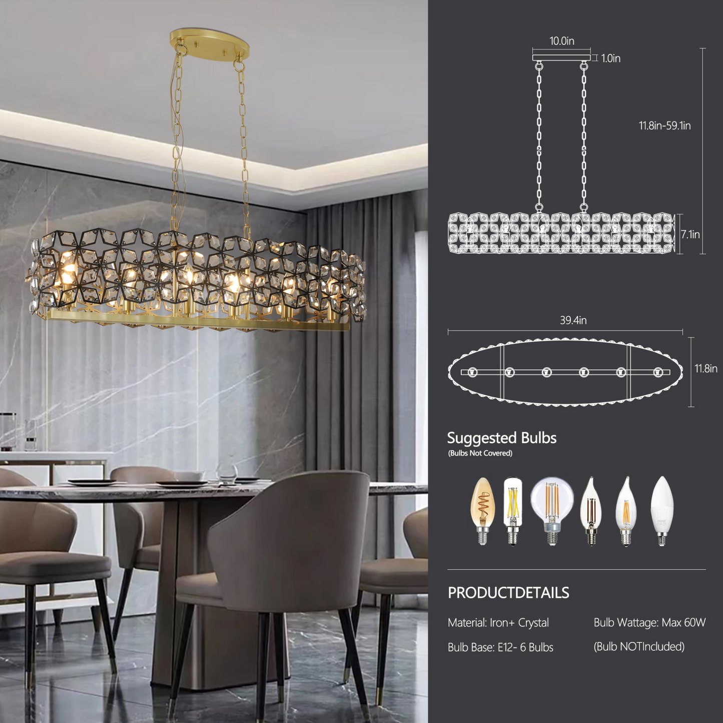 Modern Champagne Gold Oval Crystal ceiling chandelier  Luxury Home Decor Light Fixture