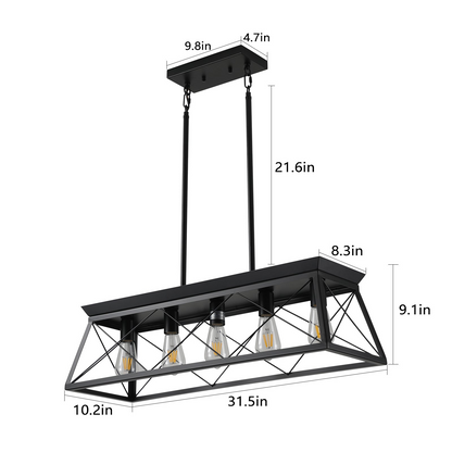 (Same as W1340111200/L1006) 5-Light Farmhouse Chandeliers for Dining Room, Metal Rustic Pendant Island Light Fixture, Modern Rectangular Island Lights for Kitchen, Living Room Pure black(No Bulbs)