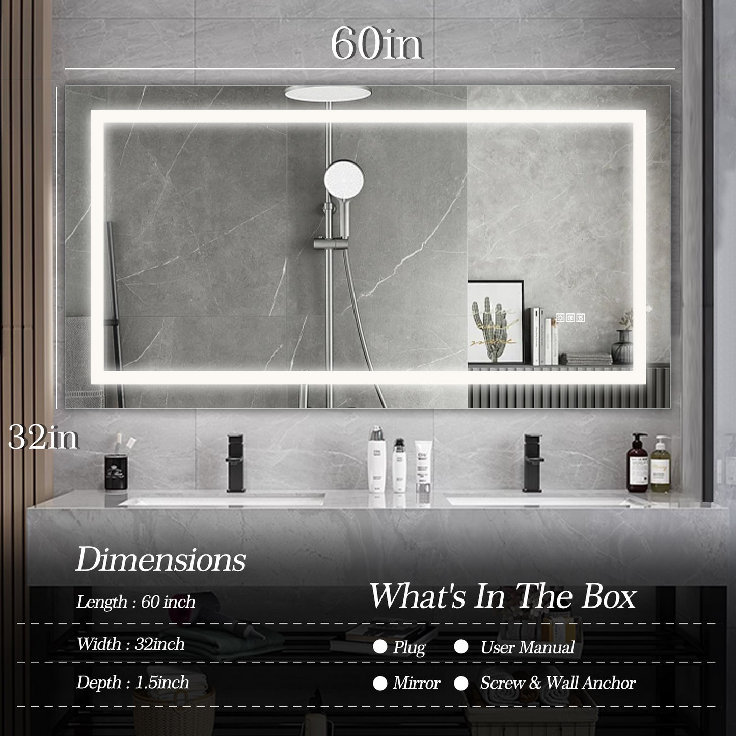 LED Bathroom Mirror 60x 32  Inch with lights, anti-Fog & Dimming Led Bathroom Vanity Mirror