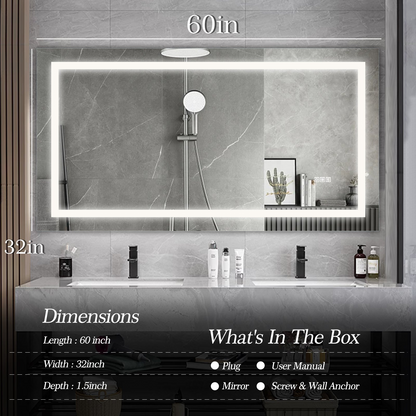 LED Bathroom Mirror 60x 32  Inch with lights, anti-Fog & Dimming Led Bathroom Vanity Mirror
