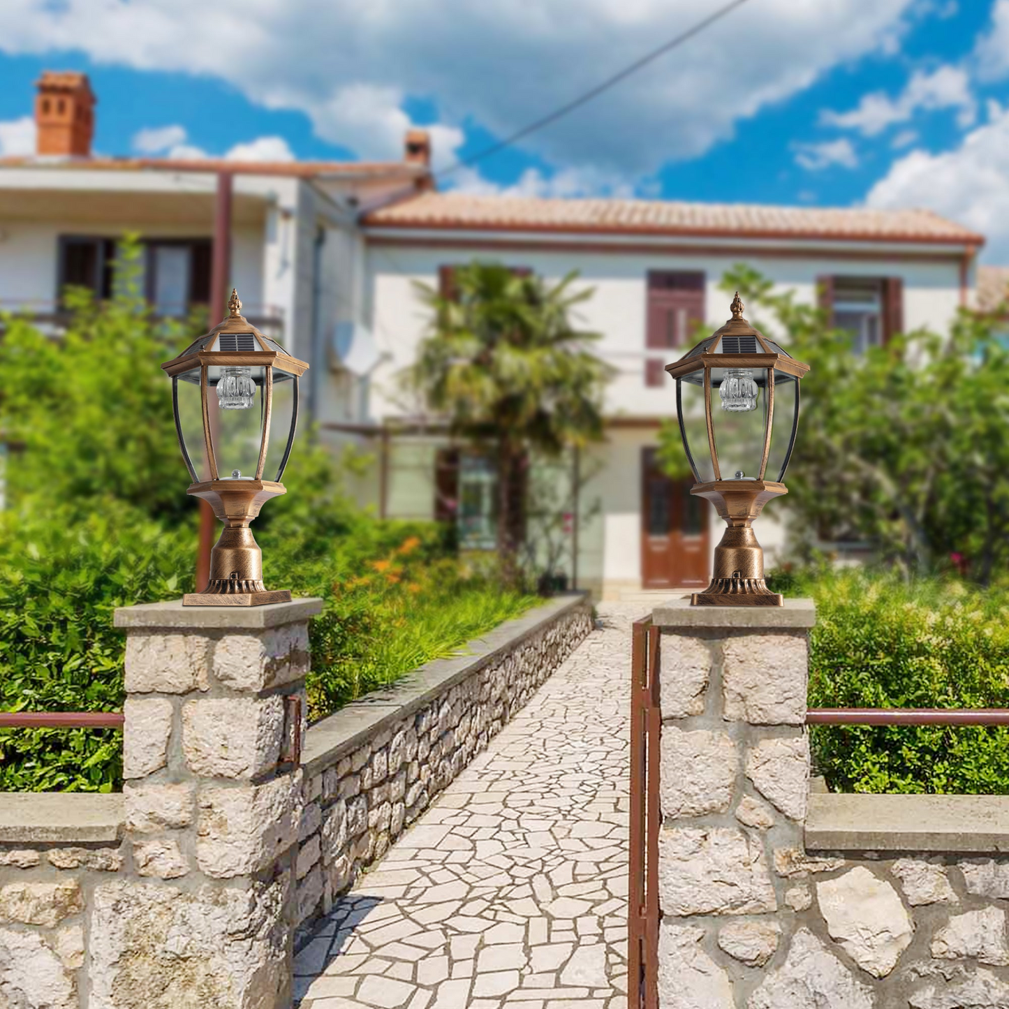 Retro gold Solar Column Headlights With Dimmable LED(2 pack)
