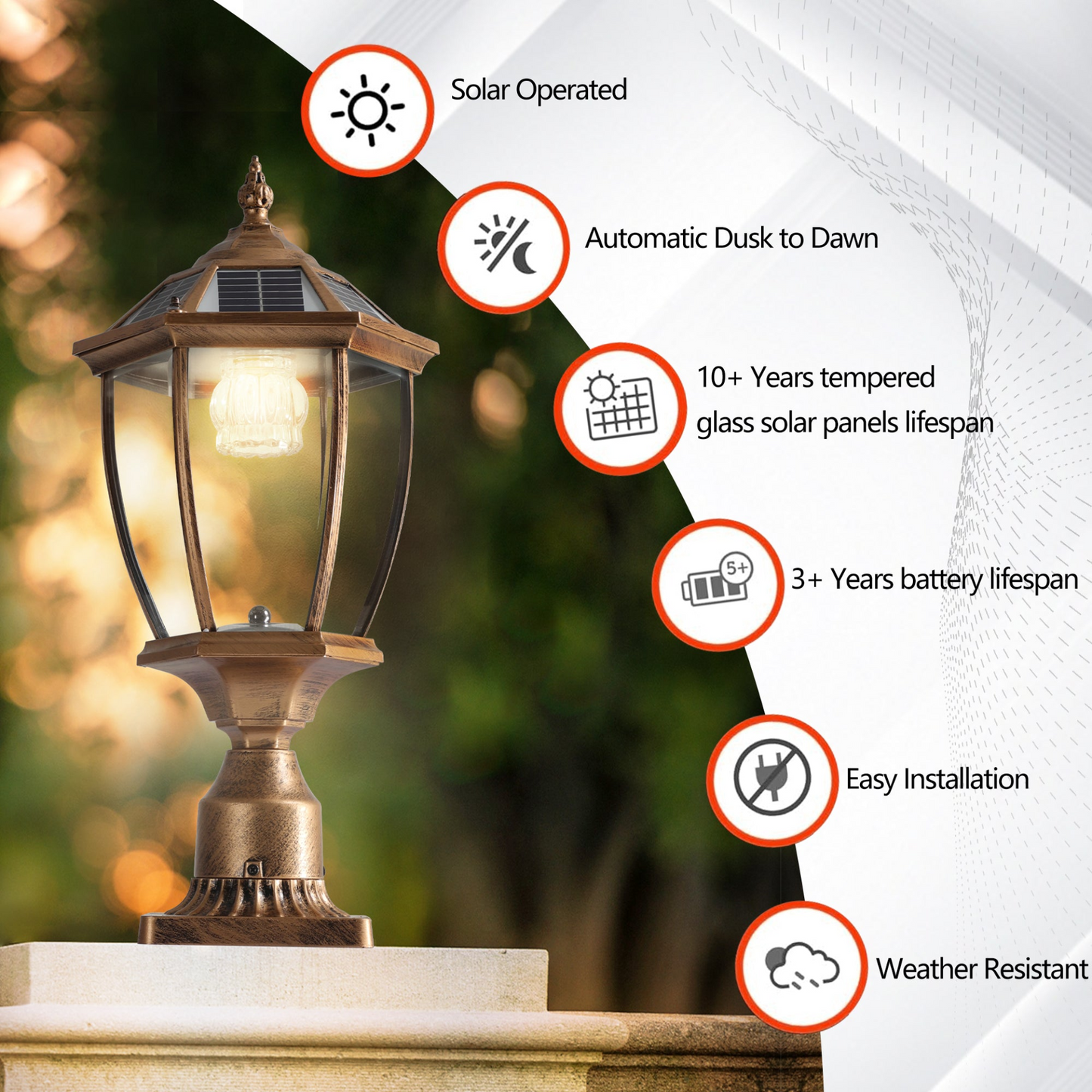 Retro gold Solar Column Headlights With Dimmable LED(2 pack)