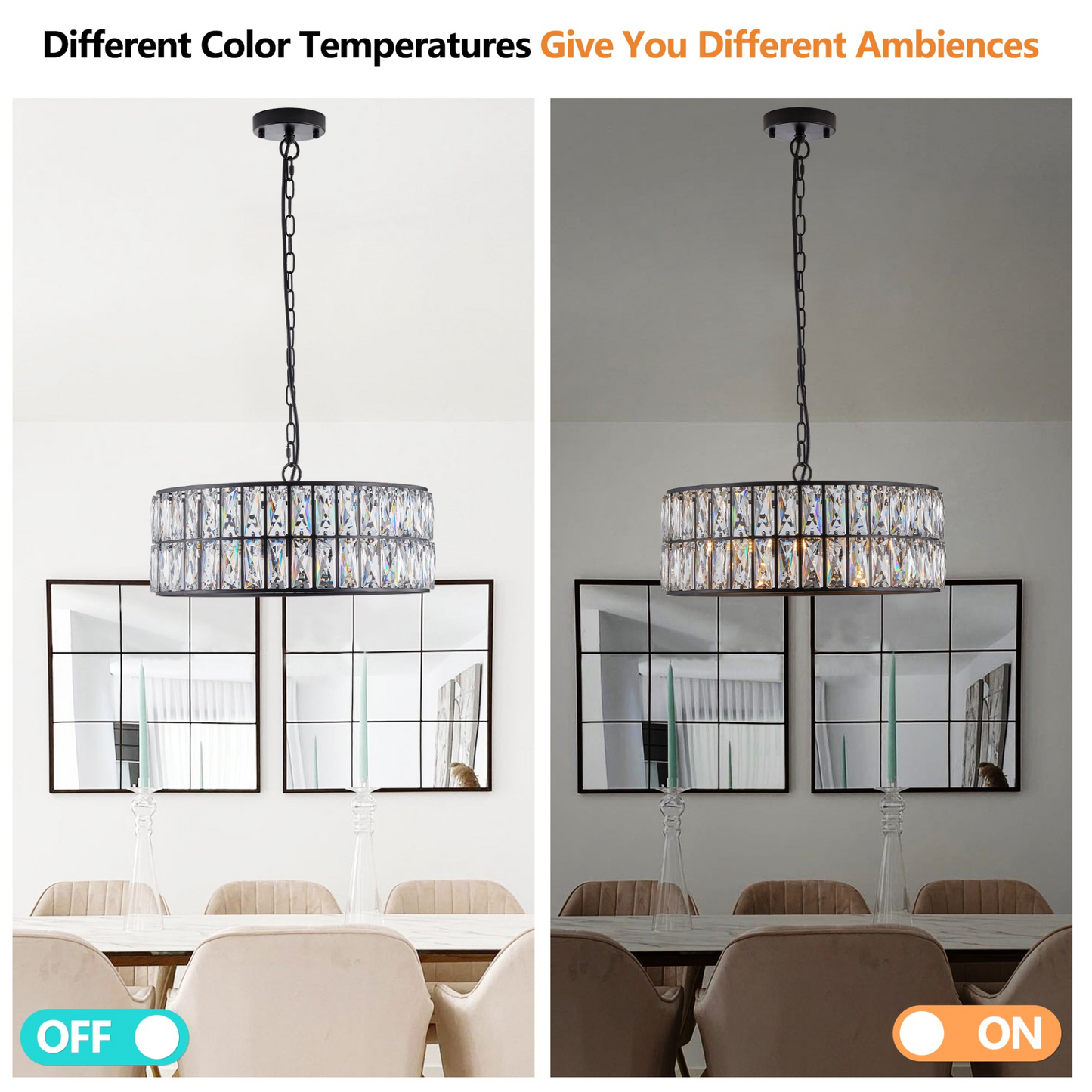 Modern Crystal Drum Chandelier, 6-Light Pendant Lighting Fixture with Black Metal Frame for Living Room, Dining Room, and Bedroom (Bulbs Not Included)