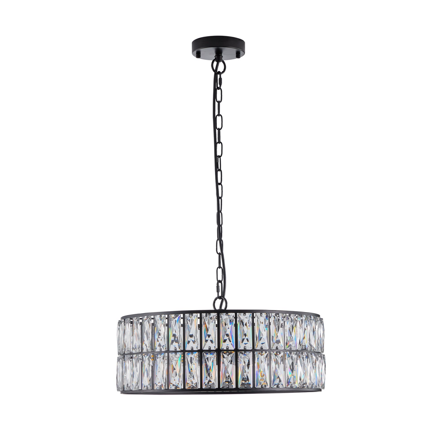 Modern Crystal Drum Chandelier, 6-Light Pendant Lighting Fixture with Black Metal Frame for Living Room, Dining Room, and Bedroom (Bulbs Not Included)
