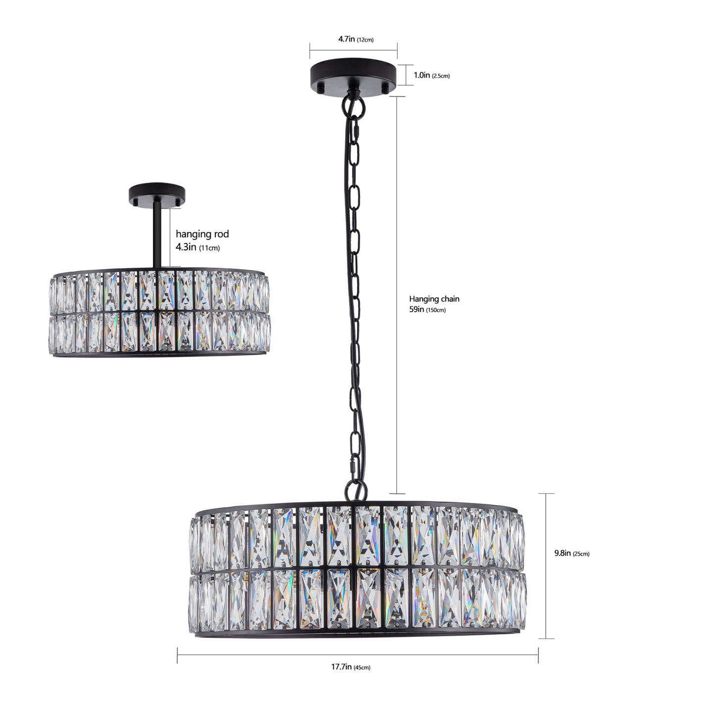 Modern Crystal Drum Chandelier, 6-Light Pendant Lighting Fixture with Black Metal Frame for Living Room, Dining Room, and Bedroom (Bulbs Not Included)