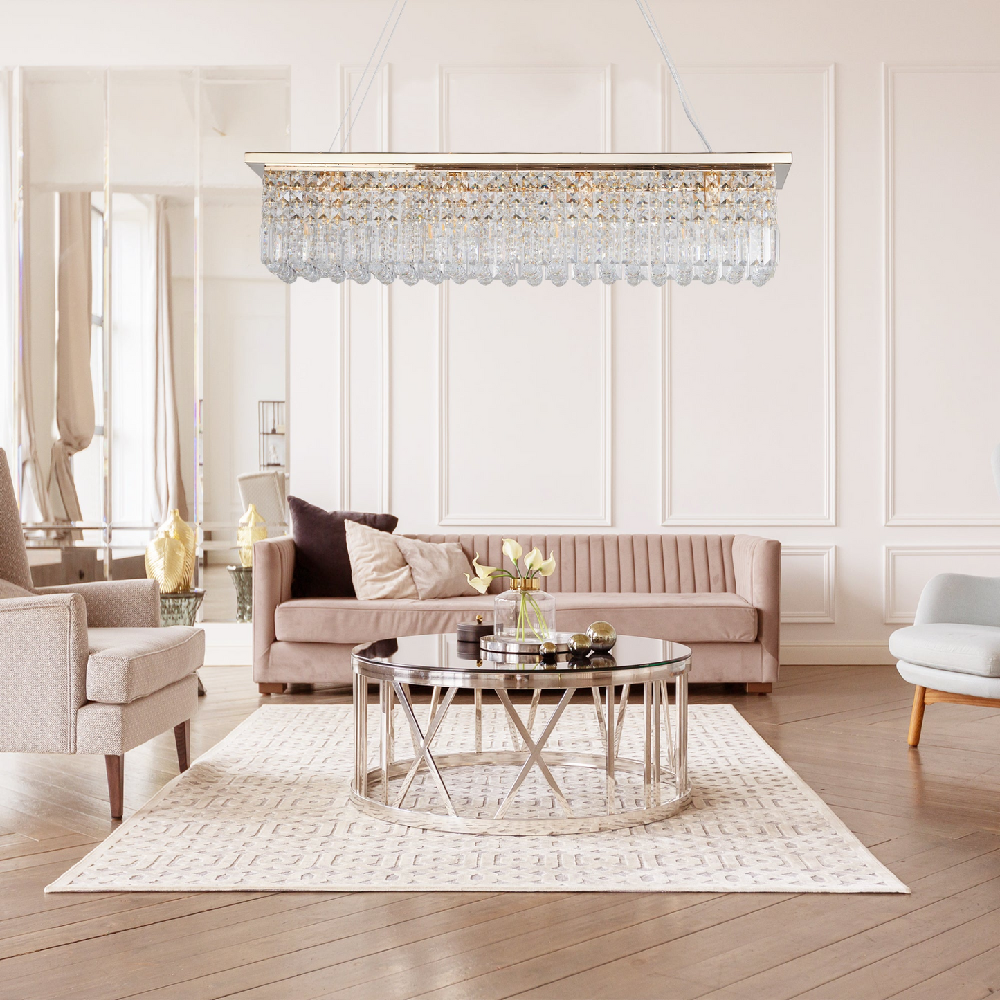 Modern Crystal Chandelier for Dining Room 8-Light Gold Rectangle Raindrop Chandelier Contemporary Rectangular Pendant Light Fixture for Kitchen Island Bar L39.4'' x W9.8'' x H8.7'(Bulb Not Included)