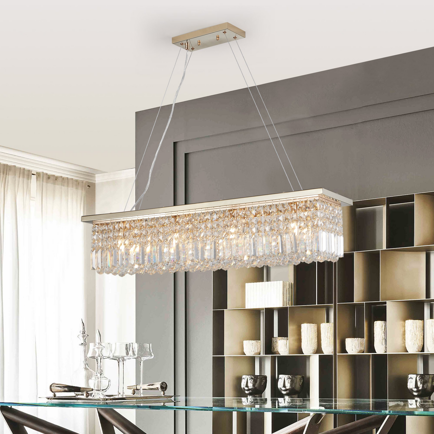 Modern Crystal Chandelier for Dining Room 8-Light Gold Rectangle Raindrop Chandelier Contemporary Rectangular Pendant Light Fixture for Kitchen Island Bar L39.4'' x W9.8'' x H8.7'(Bulb Not Included)