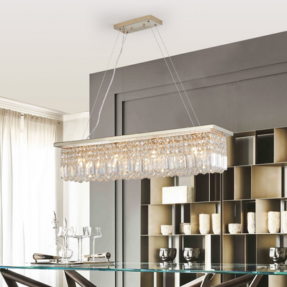 Modern Crystal Chandelier for Dining Room 8-Light Gold Rectangle Raindrop Chandelier Contemporary Rectangular Pendant Light Fixture for Kitchen Island Bar L39.4'' x W9.8'' x H8.7'(Bulb Not Included)