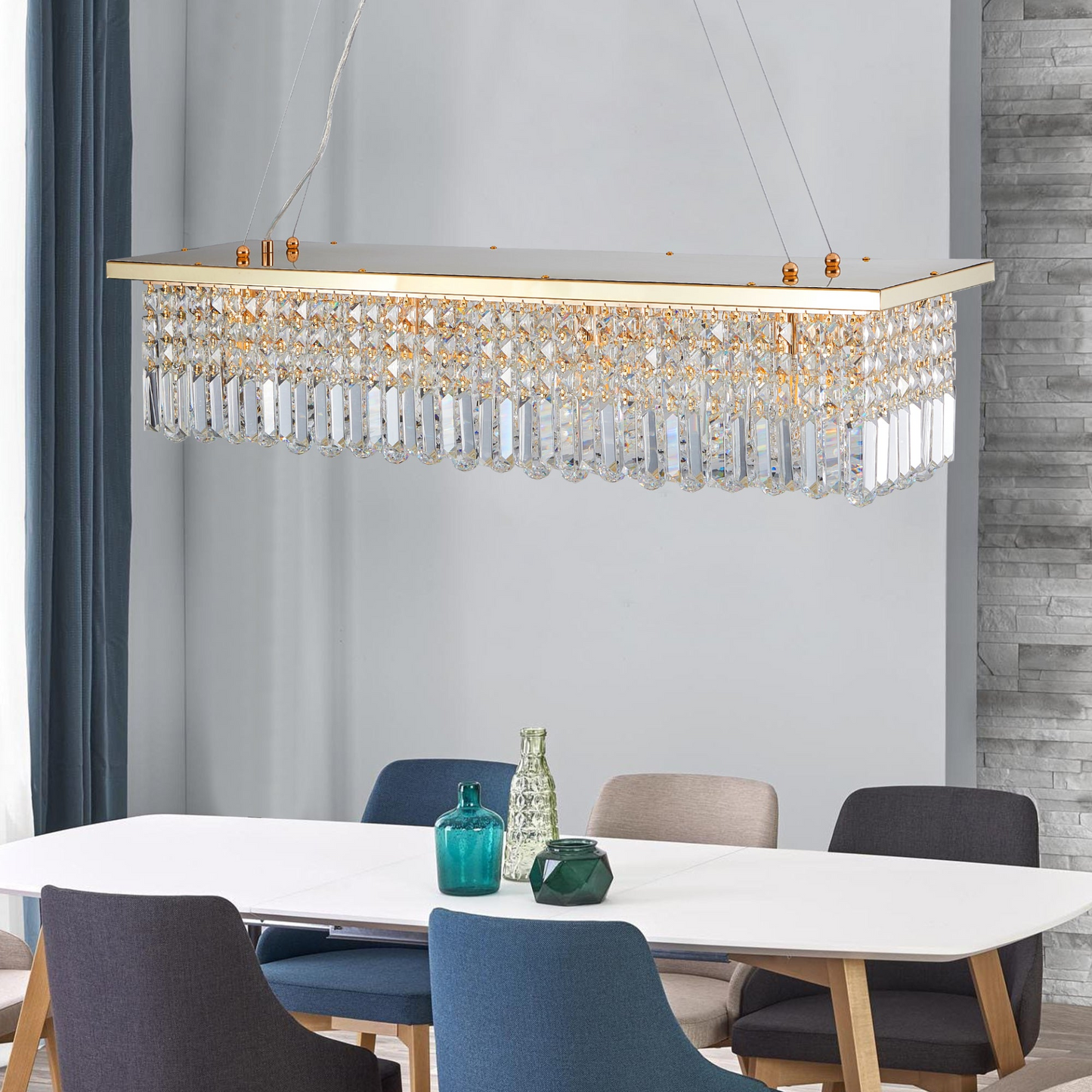 Modern Crystal Chandelier for Dining Room 8-Light Gold Rectangle Raindrop Chandelier Contemporary Rectangular Pendant Light Fixture for Kitchen Island Bar L39.4'' x W9.8'' x H8.7'(Bulb Not Included)