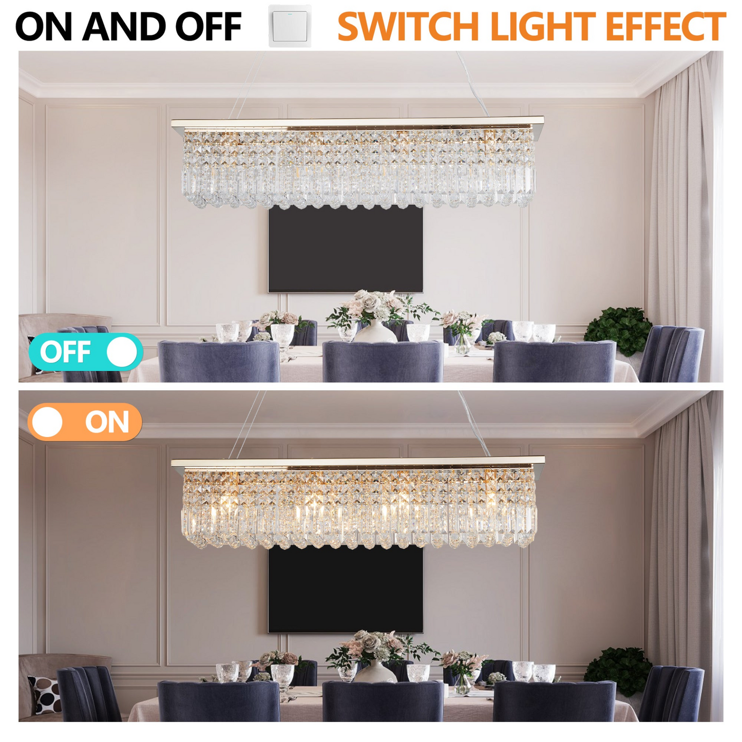 Modern Crystal Chandelier for Dining Room 8-Light Gold Rectangle Raindrop Chandelier Contemporary Rectangular Pendant Light Fixture for Kitchen Island Bar L39.4'' x W9.8'' x H8.7'(Bulb Not Included)