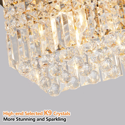 Modern Crystal Chandelier for Dining Room 8-Light Gold Rectangle Raindrop Chandelier Contemporary Rectangular Pendant Light Fixture for Kitchen Island Bar L39.4'' x W9.8'' x H8.7'(Bulb Not Included)