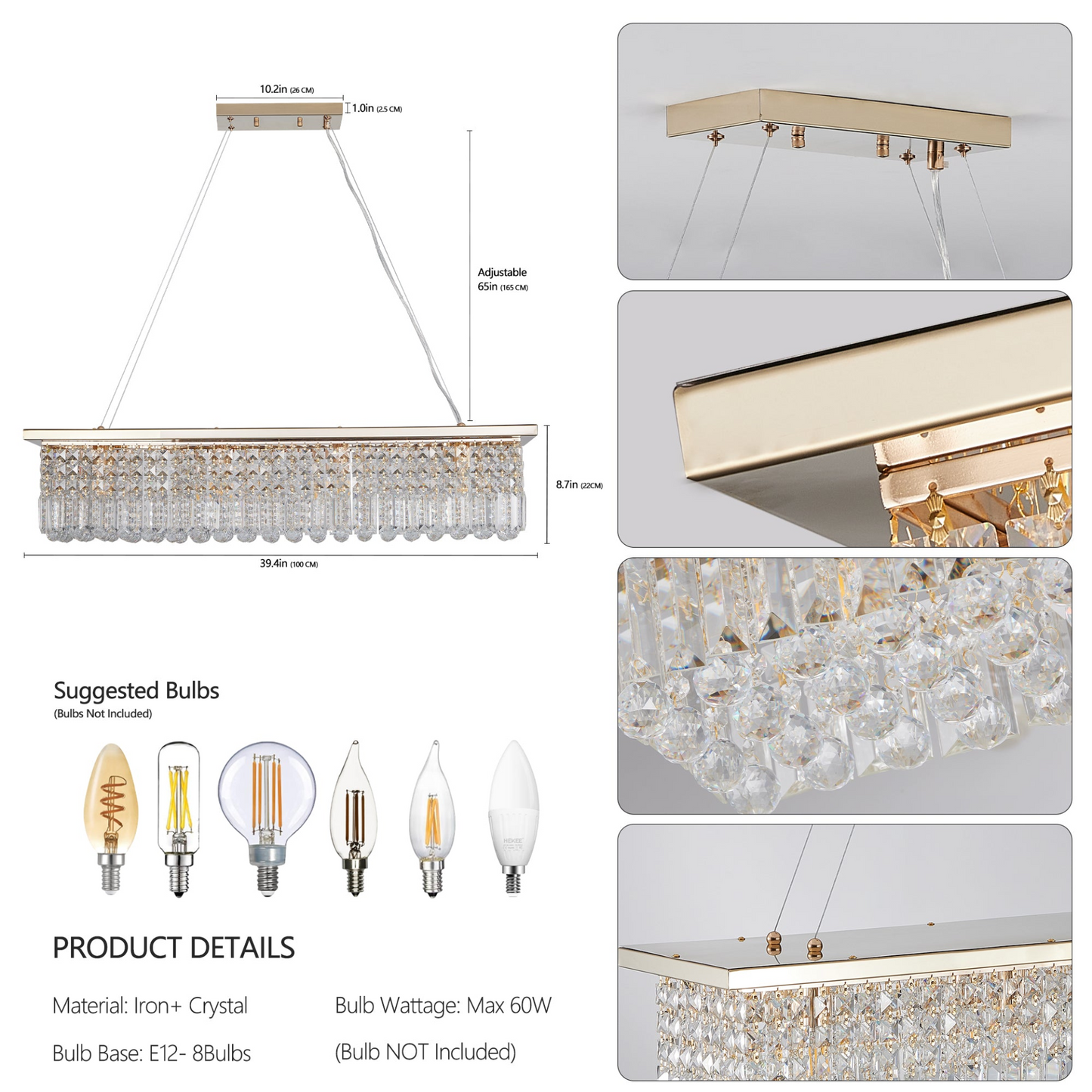 Modern Crystal Chandelier for Dining Room 8-Light Gold Rectangle Raindrop Chandelier Contemporary Rectangular Pendant Light Fixture for Kitchen Island Bar L39.4'' x W9.8'' x H8.7'(Bulb Not Included)