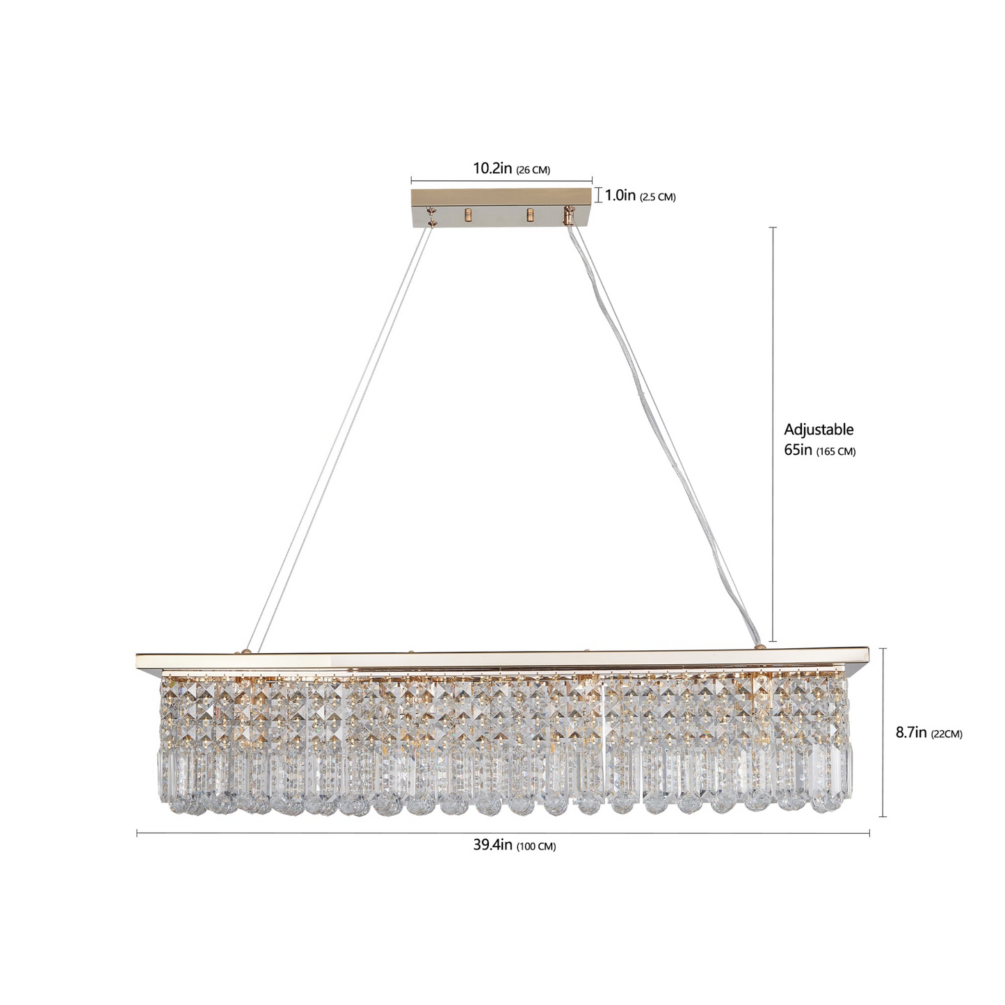 Modern Crystal Chandelier for Dining Room 8-Light Gold Rectangle Raindrop Chandelier Contemporary Rectangular Pendant Light Fixture for Kitchen Island Bar L39.4'' x W9.8'' x H8.7'(Bulb Not Included)