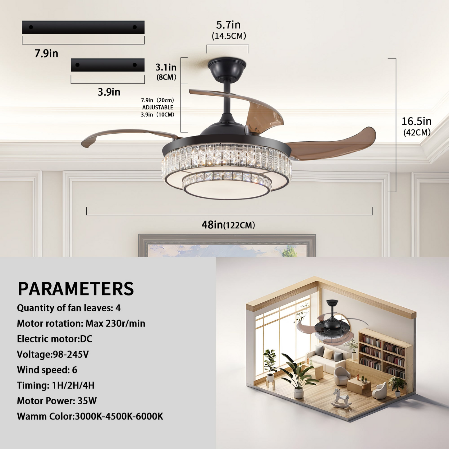 Contemporary LED Retractable Ceiling Fan with Light and Remote Control, Quiet Reversible Motor,4 Blades Modern Ceiling Fans for Kitchen Bedroom Dining Room Patio