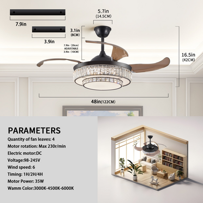 Contemporary LED Retractable Ceiling Fan with Light and Remote Control, Quiet Reversible Motor,4 Blades Modern Ceiling Fans for Kitchen Bedroom Dining Room Patio