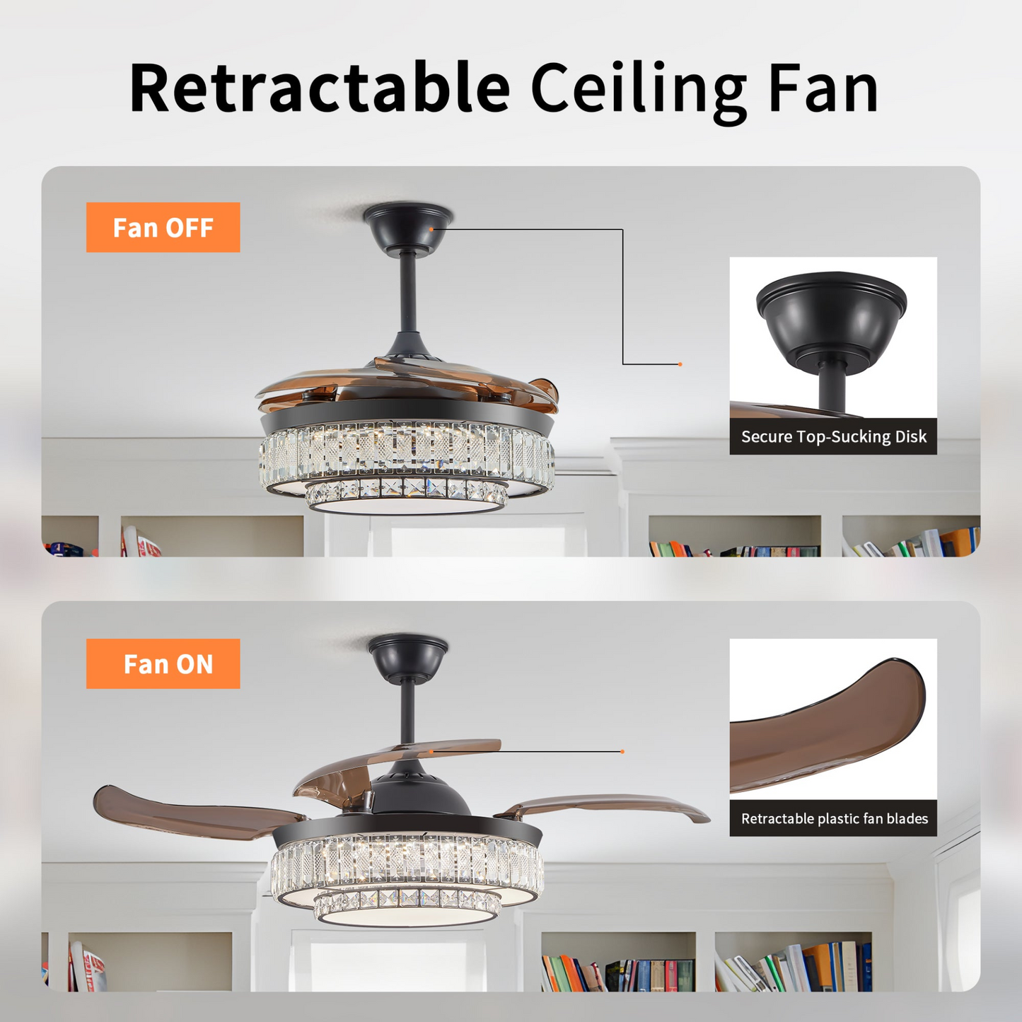 Contemporary LED Retractable Ceiling Fan with Light and Remote Control, Quiet Reversible Motor,4 Blades Modern Ceiling Fans for Kitchen Bedroom Dining Room Patio