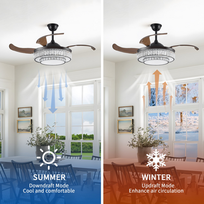 Contemporary LED Retractable Ceiling Fan with Light and Remote Control, Quiet Reversible Motor,4 Blades Modern Ceiling Fans for Kitchen Bedroom Dining Room Patio