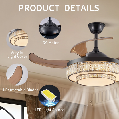 Contemporary LED Retractable Ceiling Fan with Light and Remote Control, Quiet Reversible Motor,4 Blades Modern Ceiling Fans for Kitchen Bedroom Dining Room Patio
