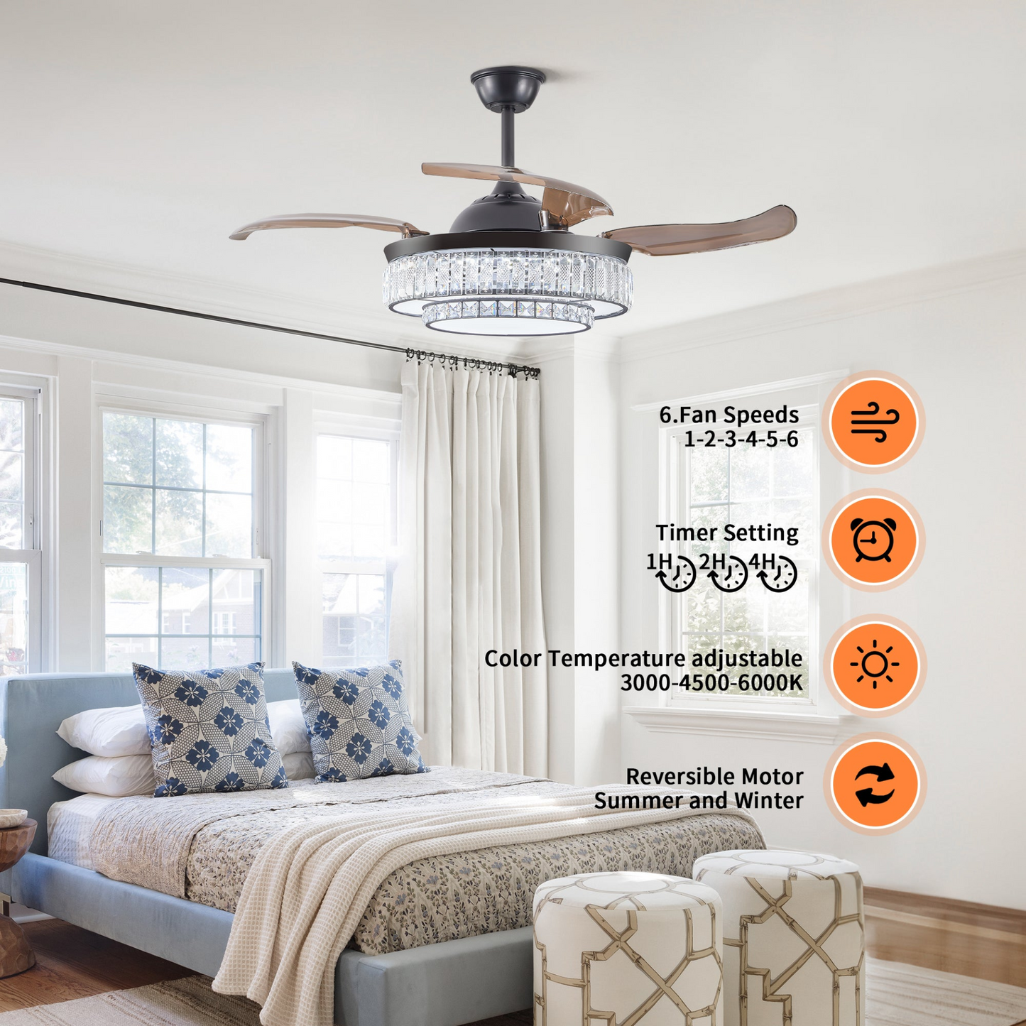Contemporary LED Retractable Ceiling Fan with Light and Remote Control, Quiet Reversible Motor,4 Blades Modern Ceiling Fans for Kitchen Bedroom Dining Room Patio