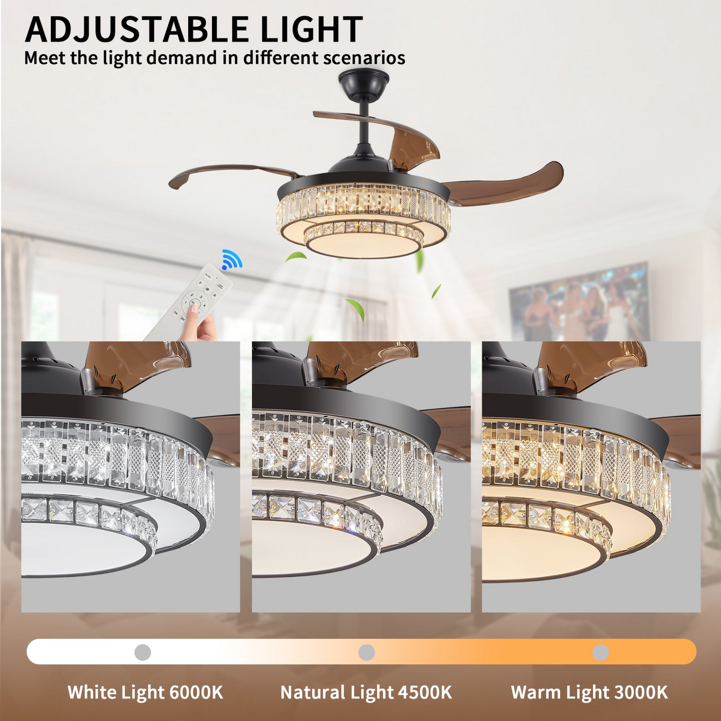 Contemporary LED Retractable Ceiling Fan with Light and Remote Control, Quiet Reversible Motor,4 Blades Modern Ceiling Fans for Kitchen Bedroom Dining Room Patio