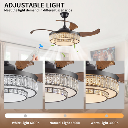 Contemporary LED Retractable Ceiling Fan with Light and Remote Control, Quiet Reversible Motor,4 Blades Modern Ceiling Fans for Kitchen Bedroom Dining Room Patio