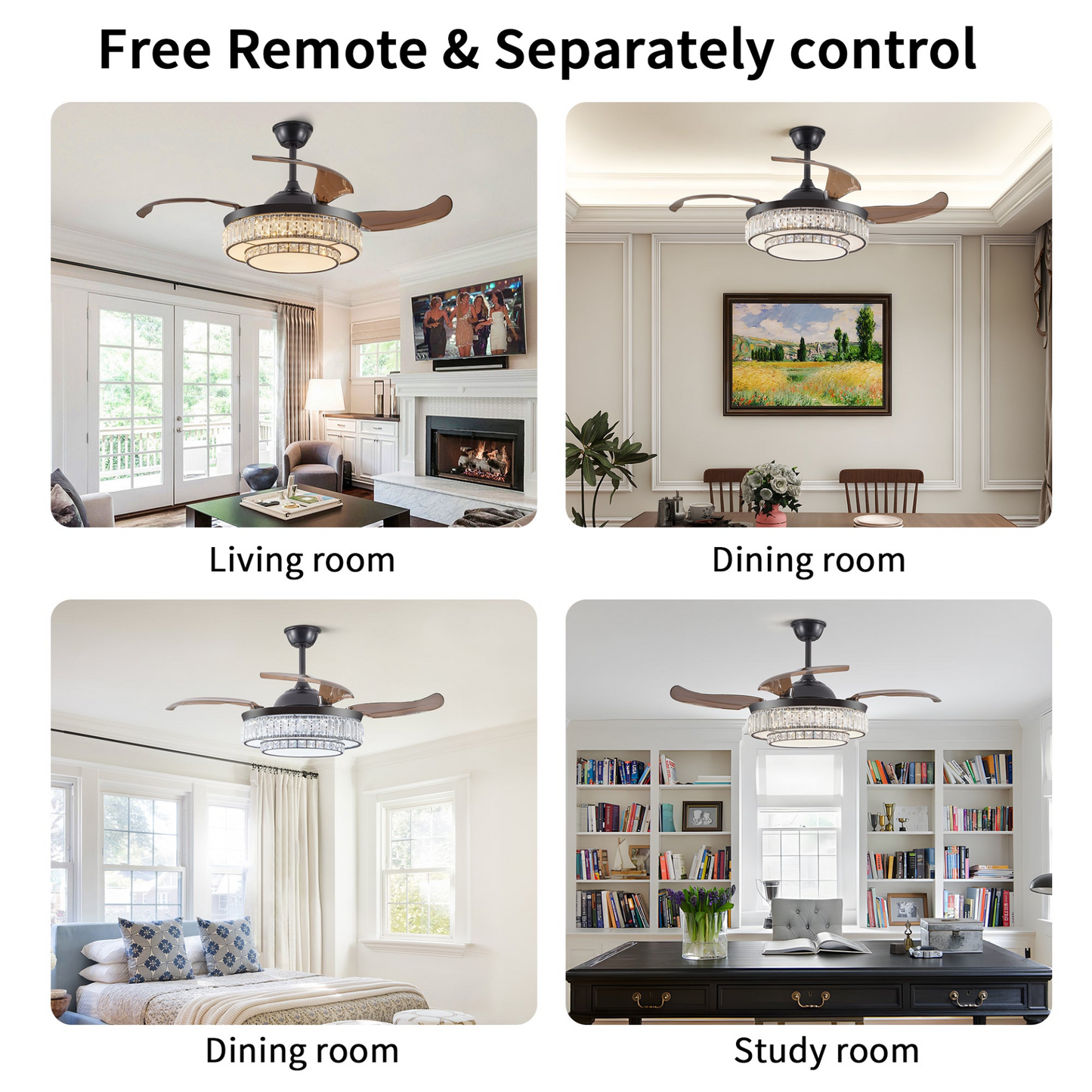 Contemporary LED Retractable Ceiling Fan with Light and Remote Control, Quiet Reversible Motor,4 Blades Modern Ceiling Fans for Kitchen Bedroom Dining Room Patio