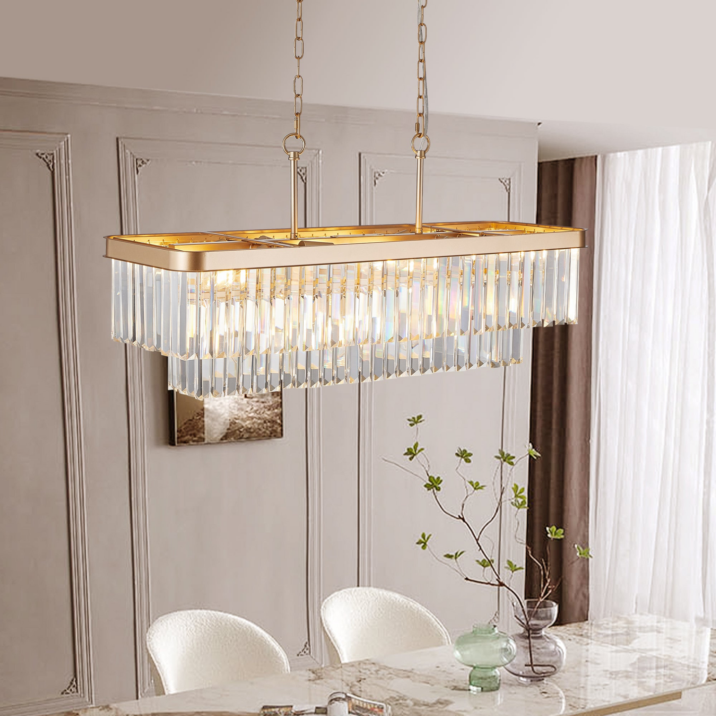 Chandeliers,Rectangular Crystal Chandelier Adjustable,E12 Modern Industrial Crystal Lights,Farmhouse Iron Ceiling Hanging Light for Kitchen Living Room Bedroom/Gold(Bulb Not Included)