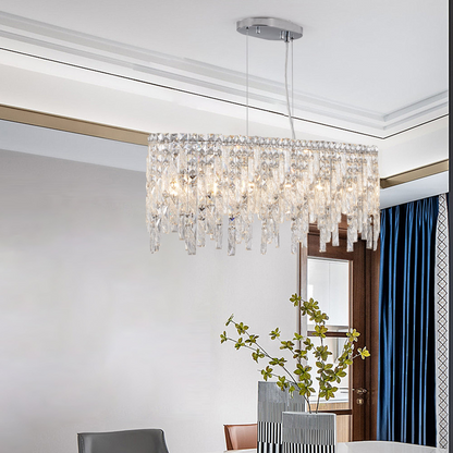 Silver Elegant Oval Crystal Chandelier, Modern Ceiling Light Fixture with Reflective Hanging Crystals for Dining Room, Living Room, and FoyerS (Bulbs Not Included)