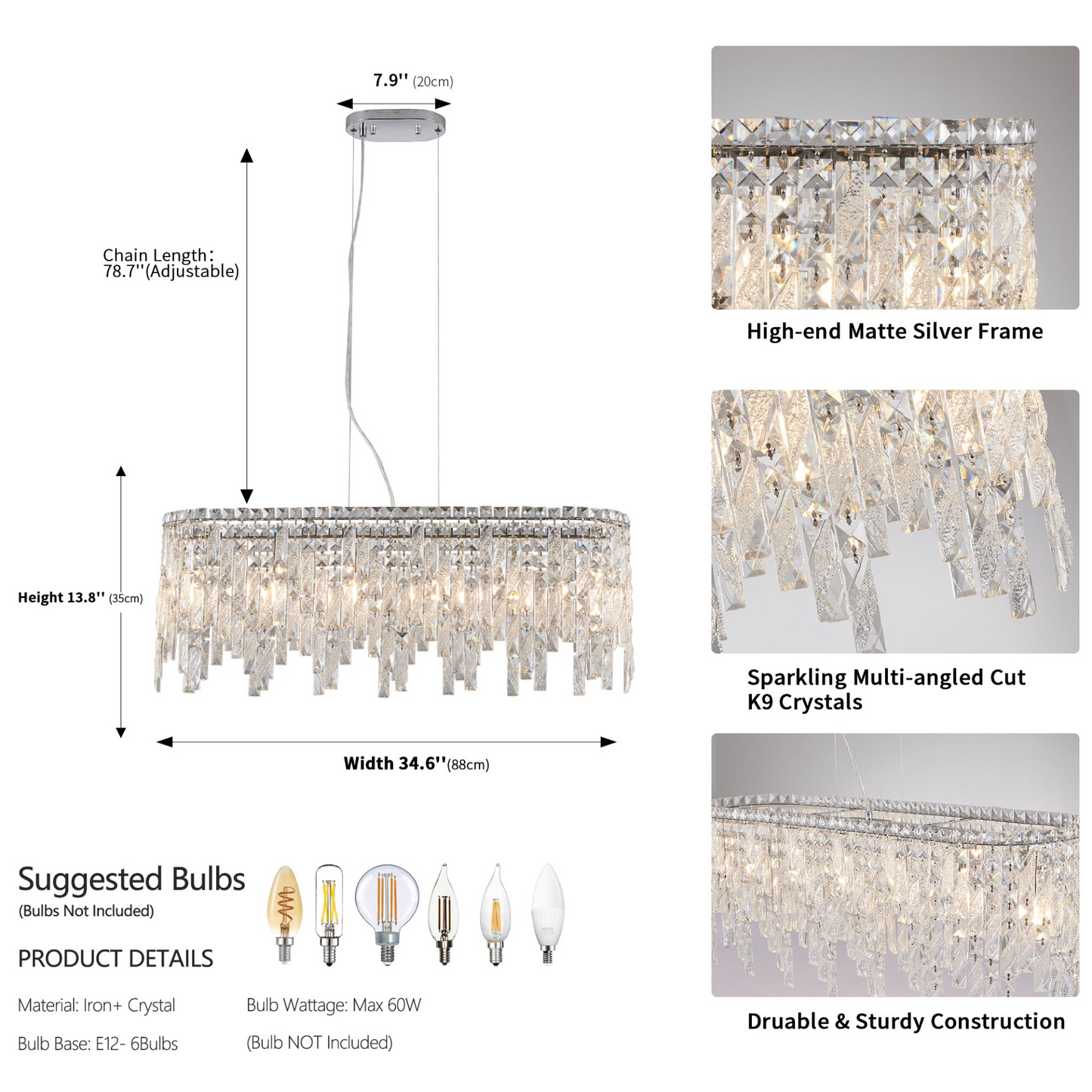 Silver Elegant Oval Crystal Chandelier, Modern Ceiling Light Fixture with Reflective Hanging Crystals for Dining Room, Living Room, and FoyerS (Bulbs Not Included)