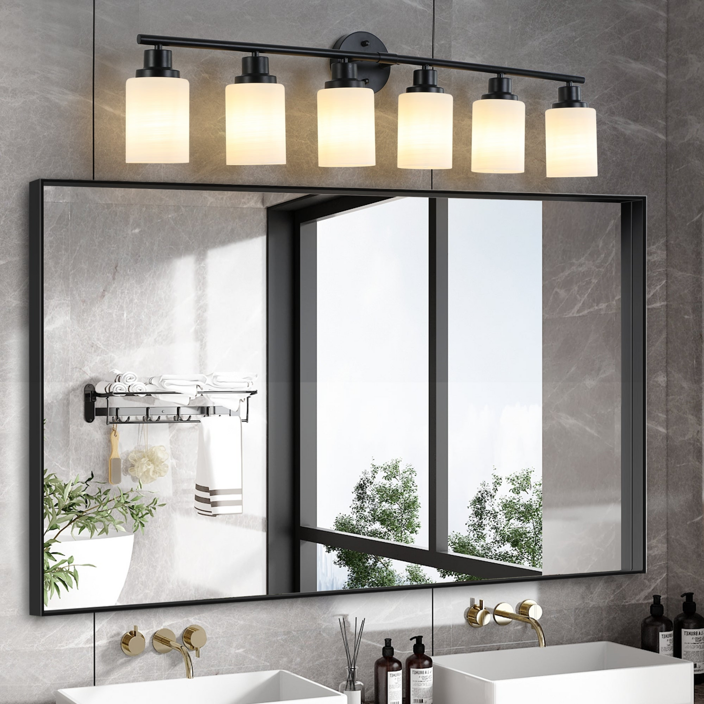 Modern 6-Light Vanity Bathroom Mirror Light, Frosted White Glass with Black Iron Frame, Contemporary Wall Sconce for Bedroom, Bathroom, And Dressing Room (No Bulbs)