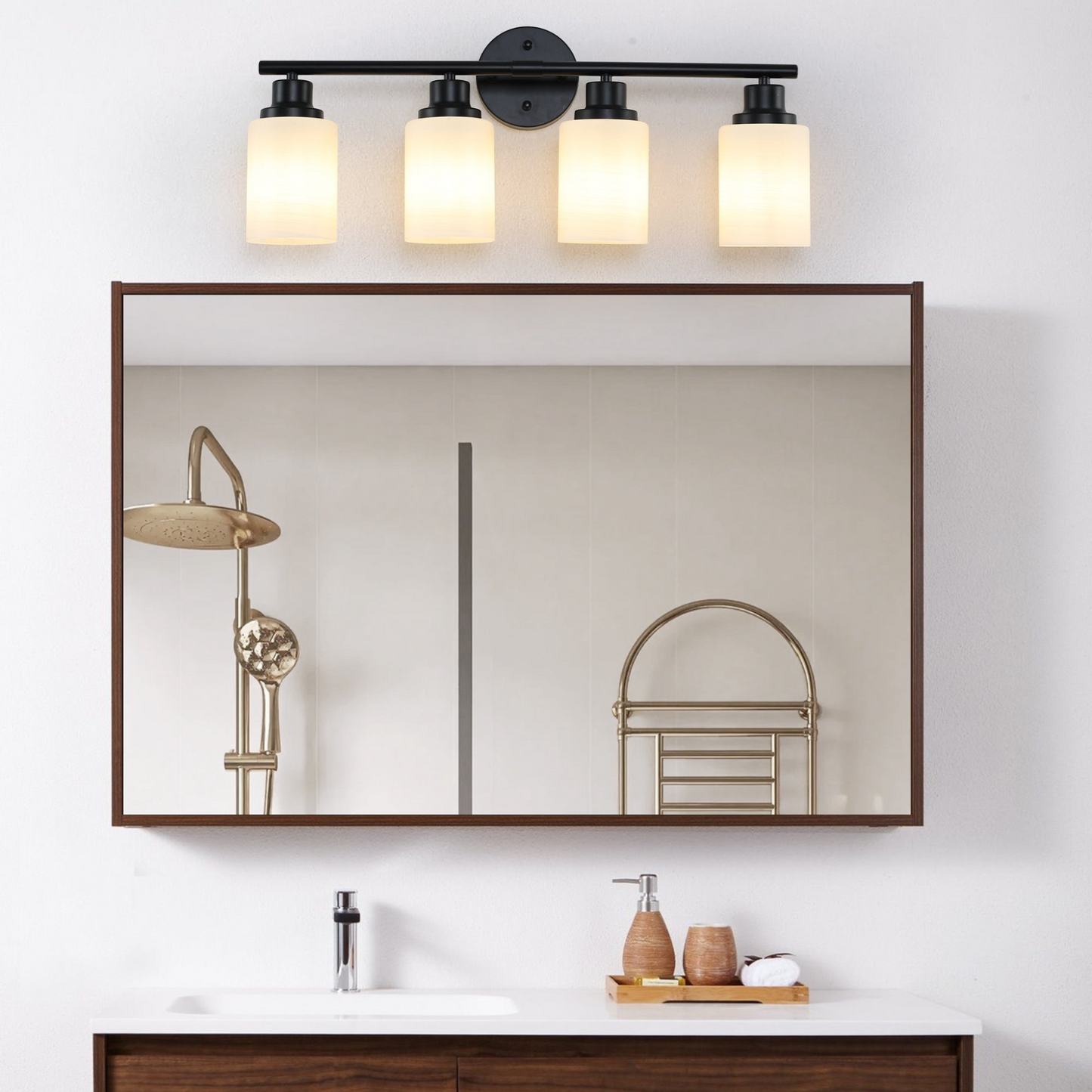 Modern 4-Light Vanity Bathroom Mirror Light, Frosted White Glass with Black Iron Frame, Contemporary Wall Sconce for Bedroom, Bathroom, And Dressing Room (Bulb Not Included)