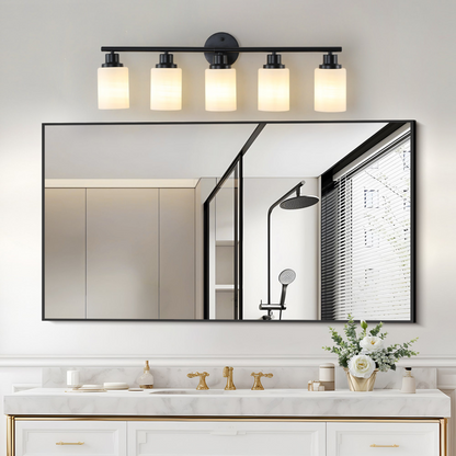 Modern 5-Light Vanity Bathroom Mirror Light, Frosted White Glass with Black Iron Frame, Contemporary Wall Sconce for Bedroom, Bathroom, And Dressing Room (Bulb Not Included)