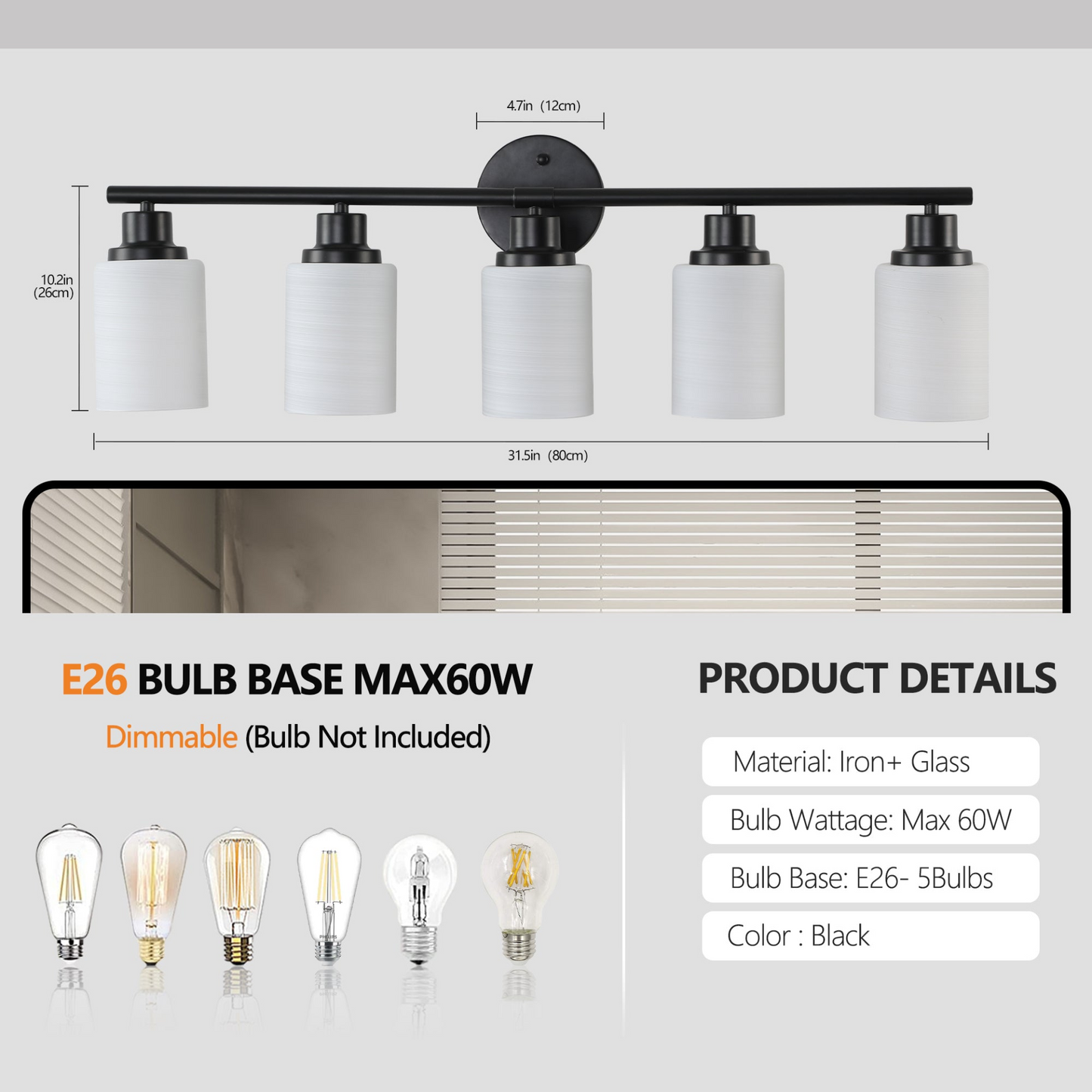 Modern 5-Light Vanity Bathroom Mirror Light, Frosted White Glass with Black Iron Frame, Contemporary Wall Sconce for Bedroom, Bathroom, And Dressing Room (Bulb Not Included)
