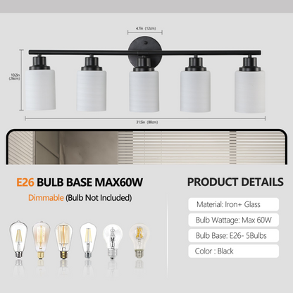 Modern 5-Light Vanity Bathroom Mirror Light, Frosted White Glass with Black Iron Frame, Contemporary Wall Sconce for Bedroom, Bathroom, And Dressing Room (Bulb Not Included)