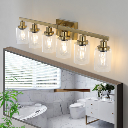 Golden 6-Light Vanity Light with Clear Glass Shades, Modern Iron Metal Bathroom Wall Fixture for Mirror, Ideal for Bathroom and Dressing Table (No Bulbs)