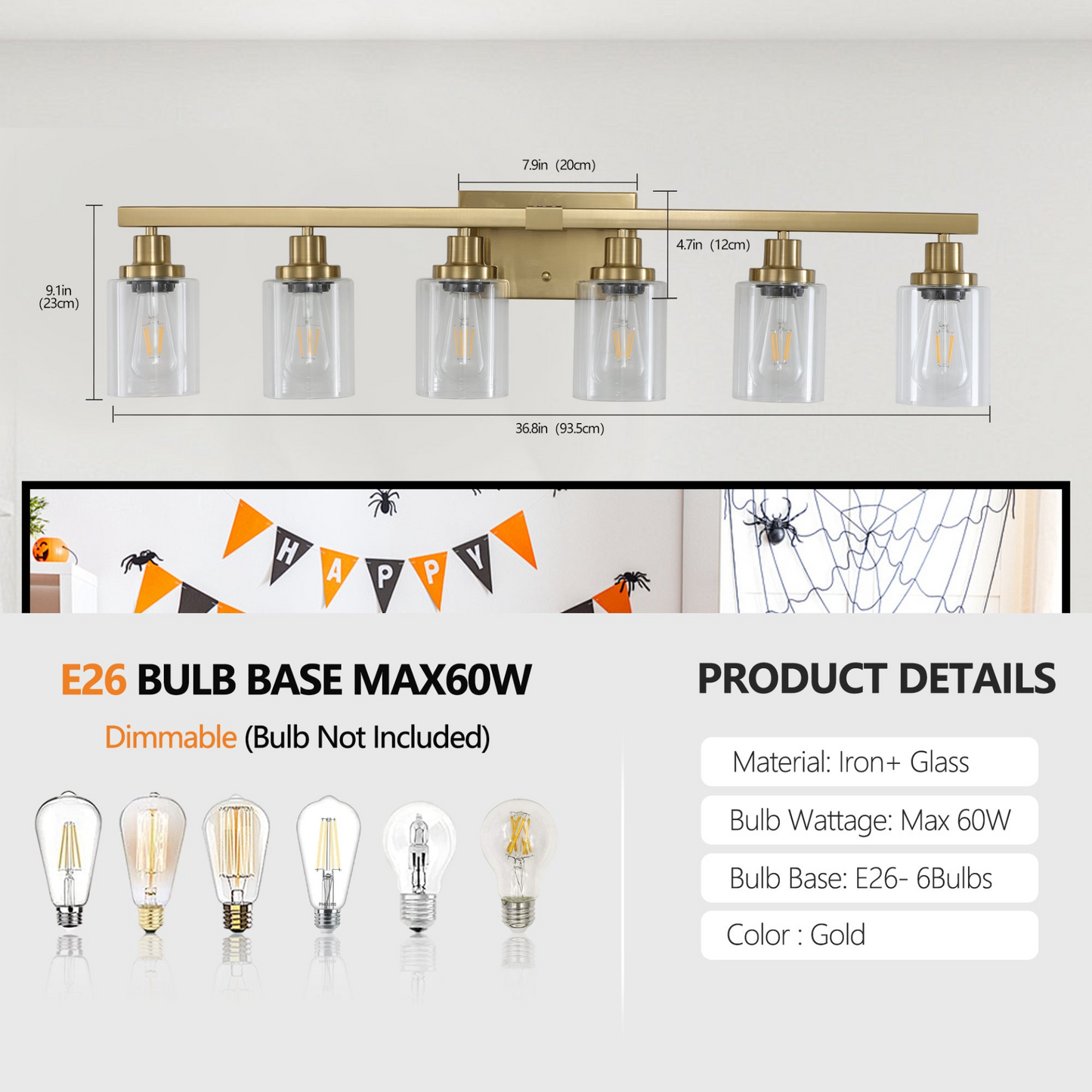 Golden 6-Light Vanity Light with Clear Glass Shades, Modern Iron Metal Bathroom Wall Fixture for Mirror, Ideal for Bathroom and Dressing Table (No Bulbs)