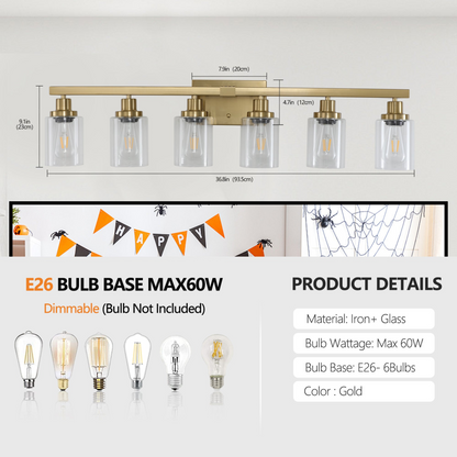 Golden 6-Light Vanity Light with Clear Glass Shades, Modern Iron Metal Bathroom Wall Fixture for Mirror, Ideal for Bathroom and Dressing Table (No Bulbs)