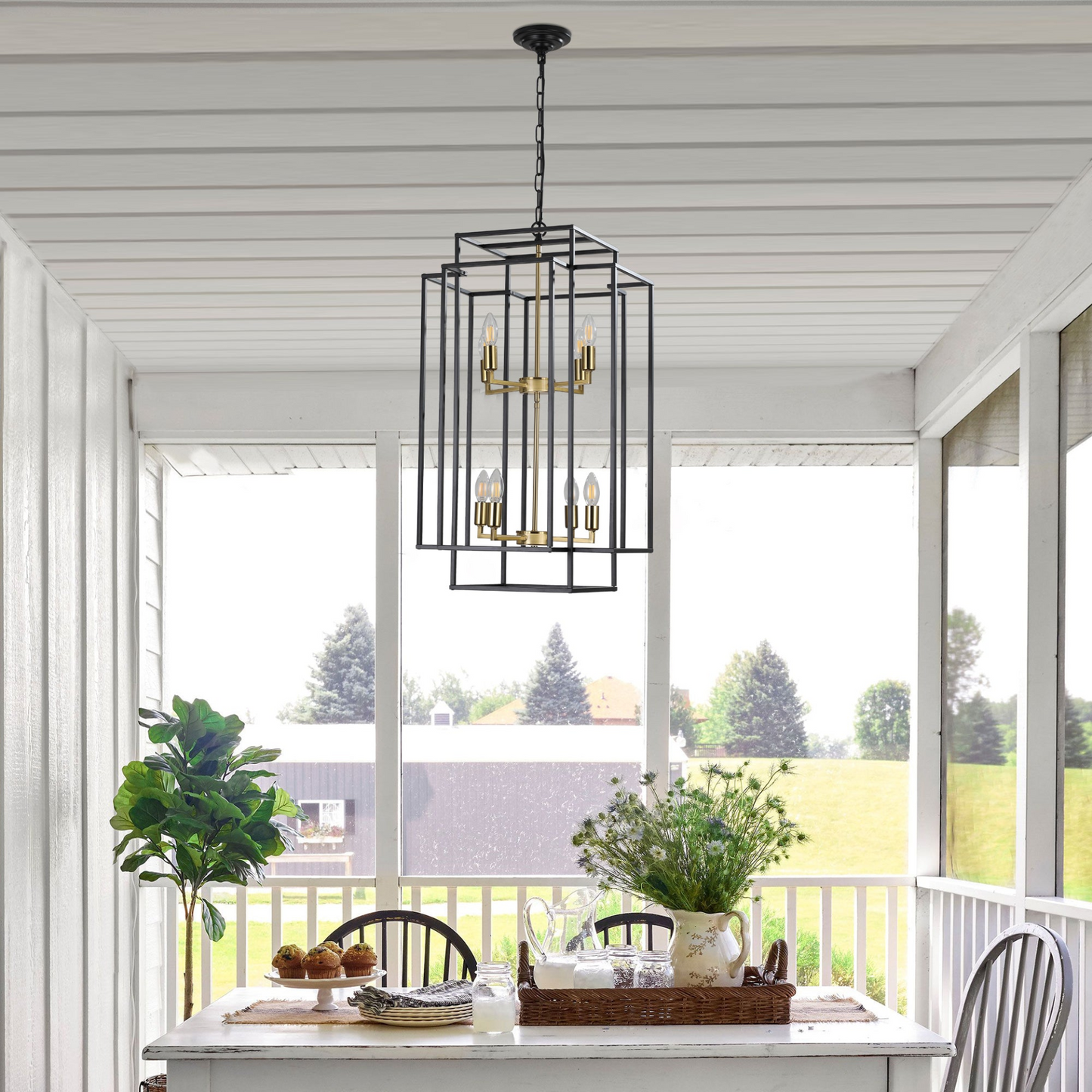(Same as W1340142524/L1018-G) 8-Lights Black & Gold Lantern Tiered Pendant Light Fixtures, Industrial Farmhouse Hanging Chandelier (No Bulbs)