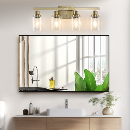 Golden 4-Light Vanity Light with Clear Glass Shades, Modern Iron Metal Bathroom Wall Fixture for Mirror, Ideal for Bathroom and Dressing Table (No Bulbs)