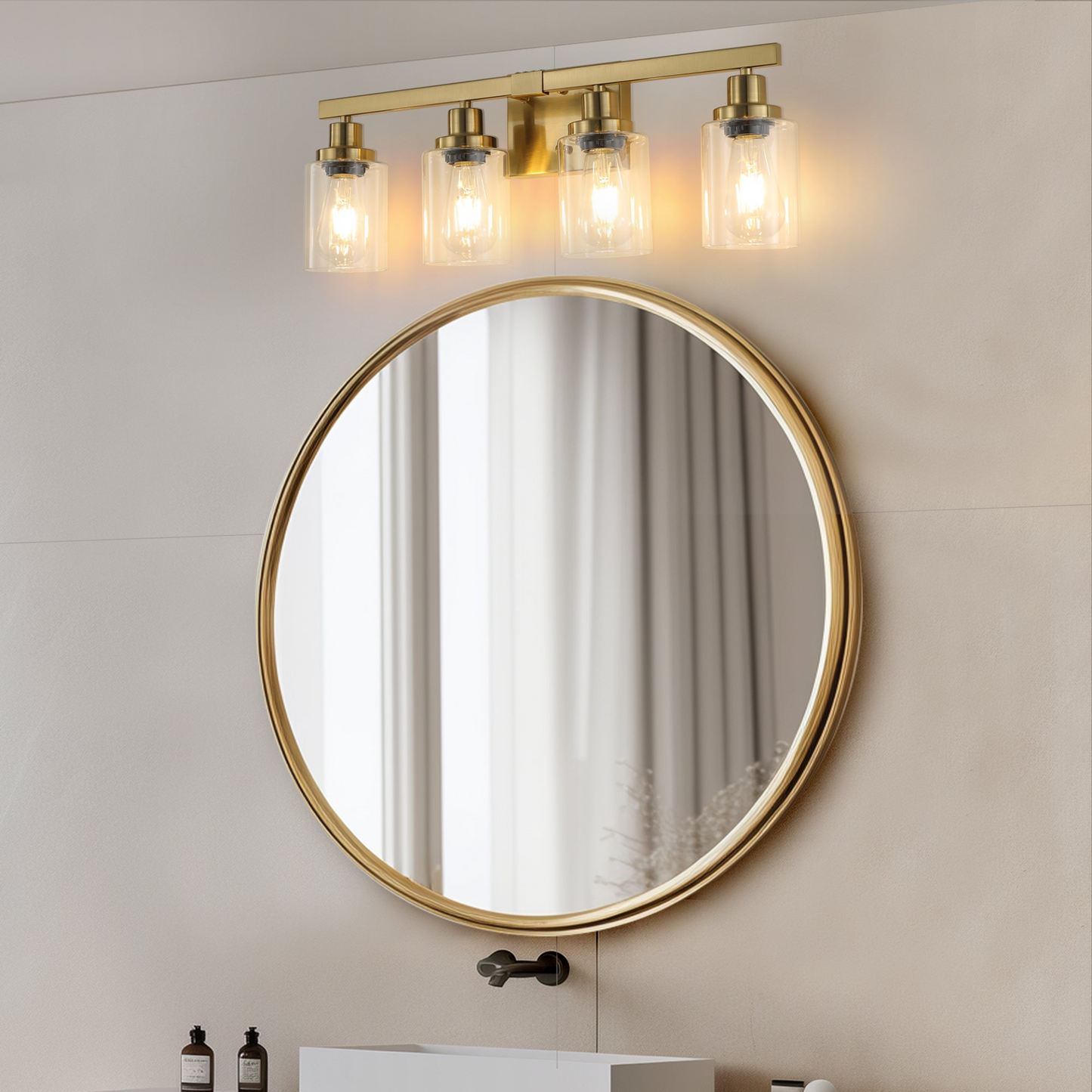 Golden 4-Light Vanity Light with Clear Glass Shades, Modern Iron Metal Bathroom Wall Fixture for Mirror, Ideal for Bathroom and Dressing Table (No Bulbs)