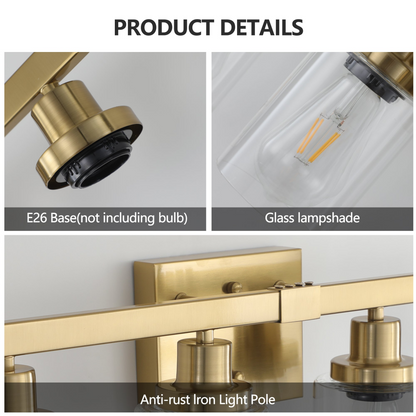 Golden 4-Light Vanity Light with Clear Glass Shades, Modern Iron Metal Bathroom Wall Fixture for Mirror, Ideal for Bathroom and Dressing Table (No Bulbs)
