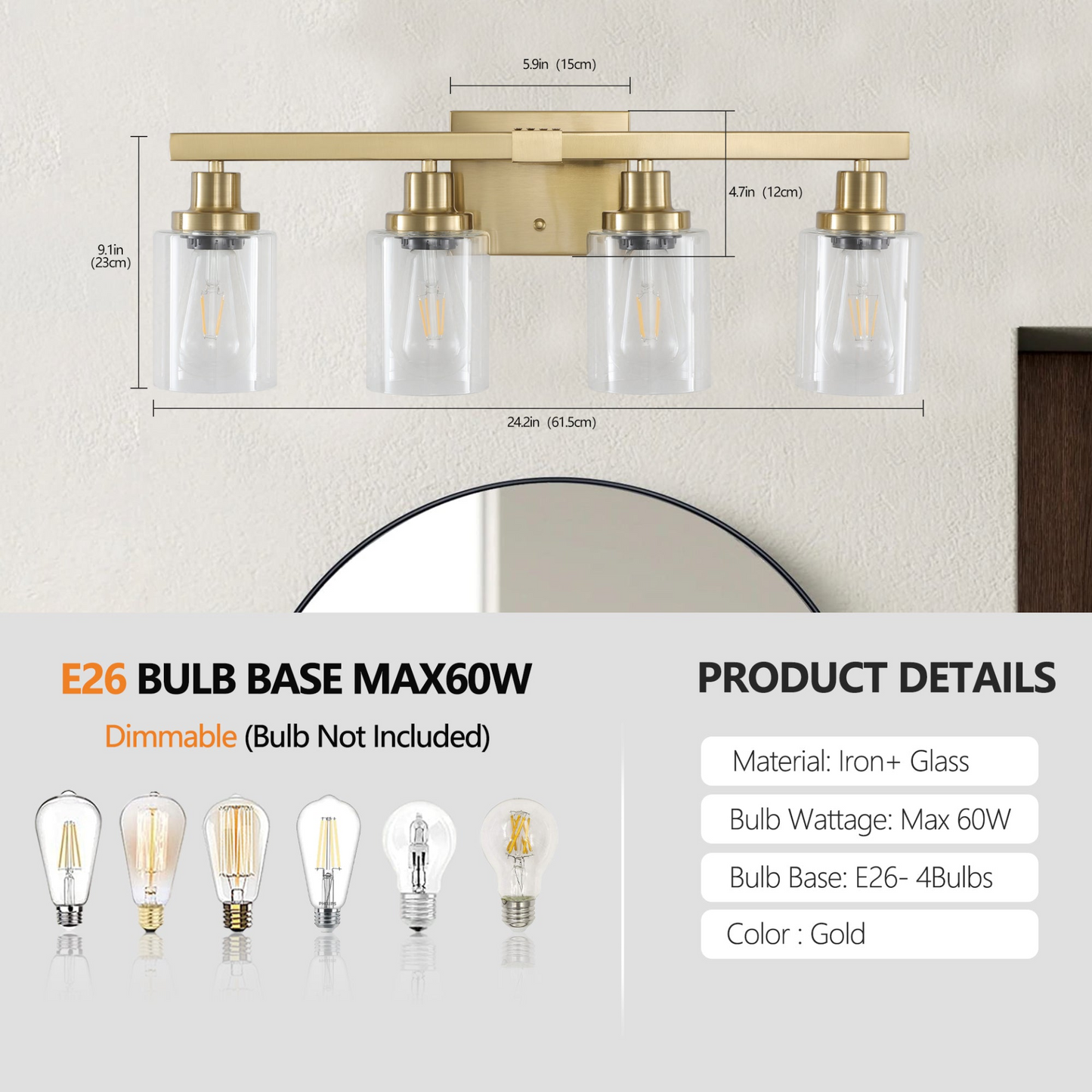 Golden 4-Light Vanity Light with Clear Glass Shades, Modern Iron Metal Bathroom Wall Fixture for Mirror, Ideal for Bathroom and Dressing Table (No Bulbs)