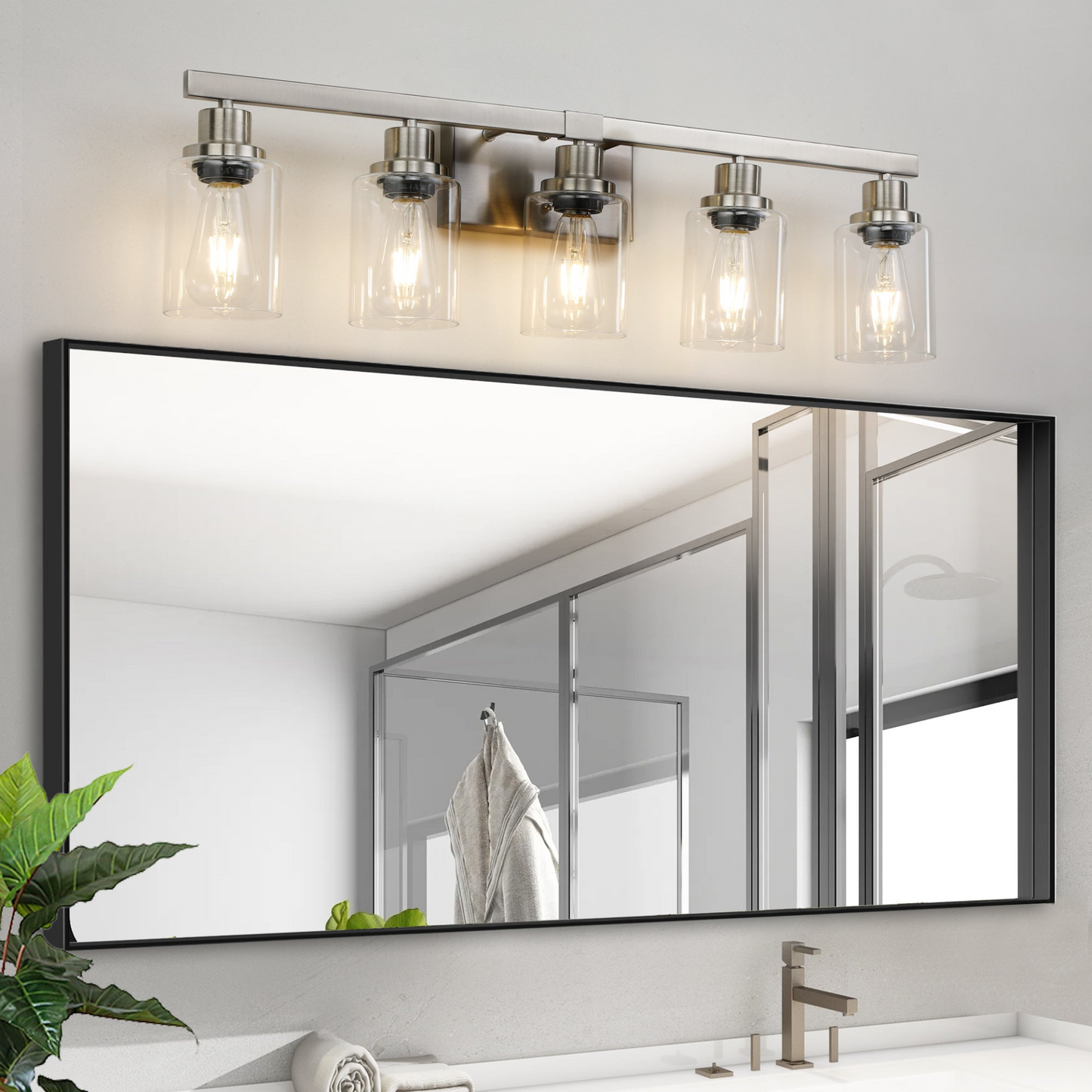 Modern 5-Light Bathroom Vanity Light Fixture - Brushed Nickel Finish with Clear Glass Shades, Perfect for Bathroom, Vanity, and Dressing Area Lighting (No Bulbs)
