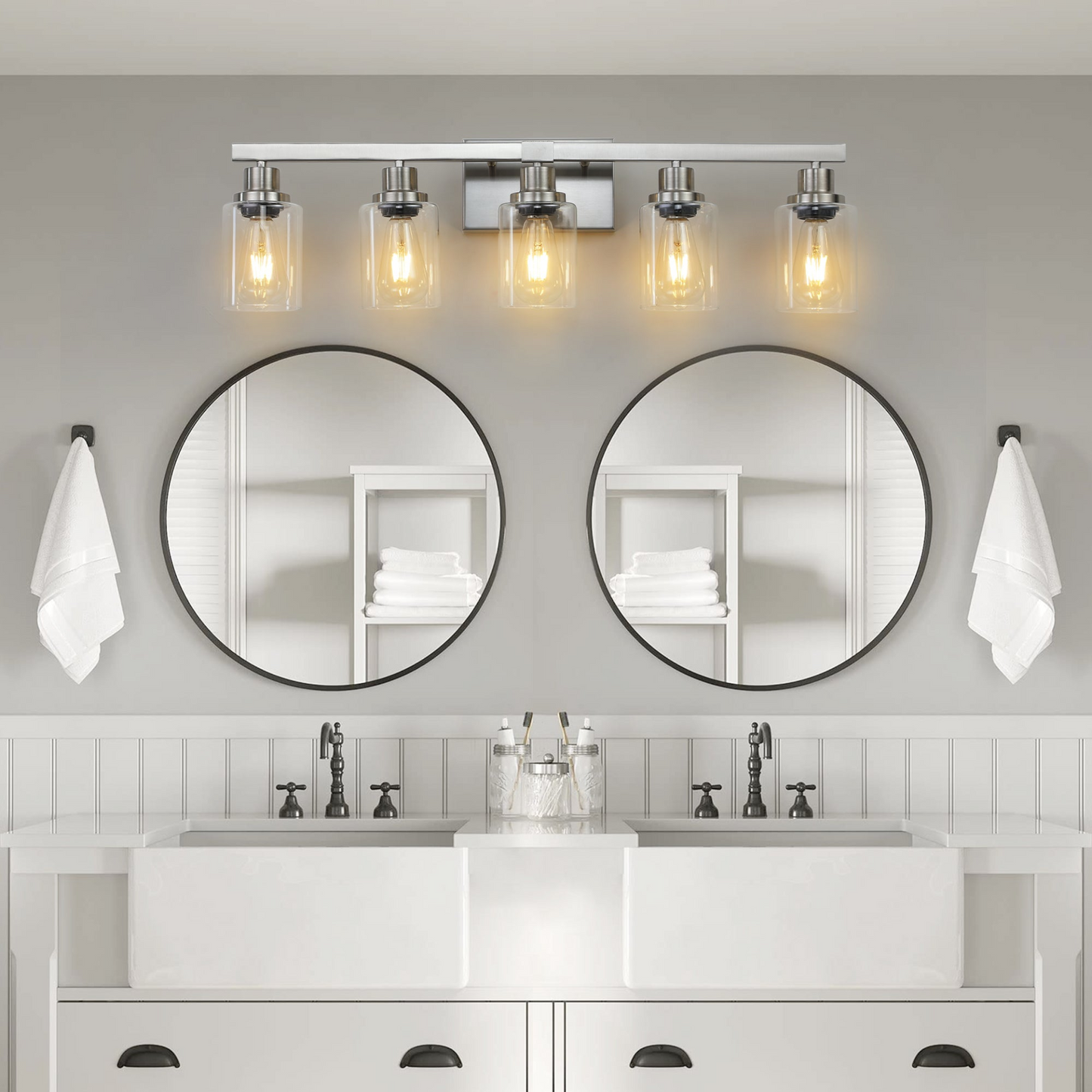 Modern 5-Light Bathroom Vanity Light Fixture - Brushed Nickel Finish with Clear Glass Shades, Perfect for Bathroom, Vanity, and Dressing Area Lighting (No Bulbs)