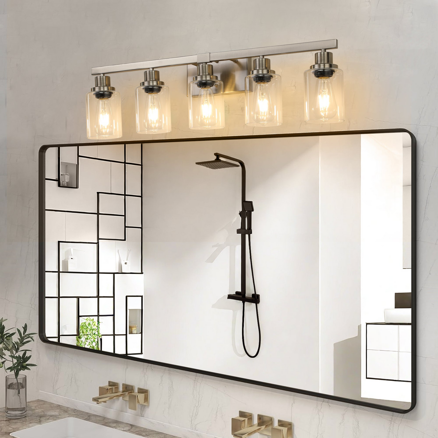 Modern 5-Light Bathroom Vanity Light Fixture - Brushed Nickel Finish with Clear Glass Shades, Perfect for Bathroom, Vanity, and Dressing Area Lighting (No Bulbs)