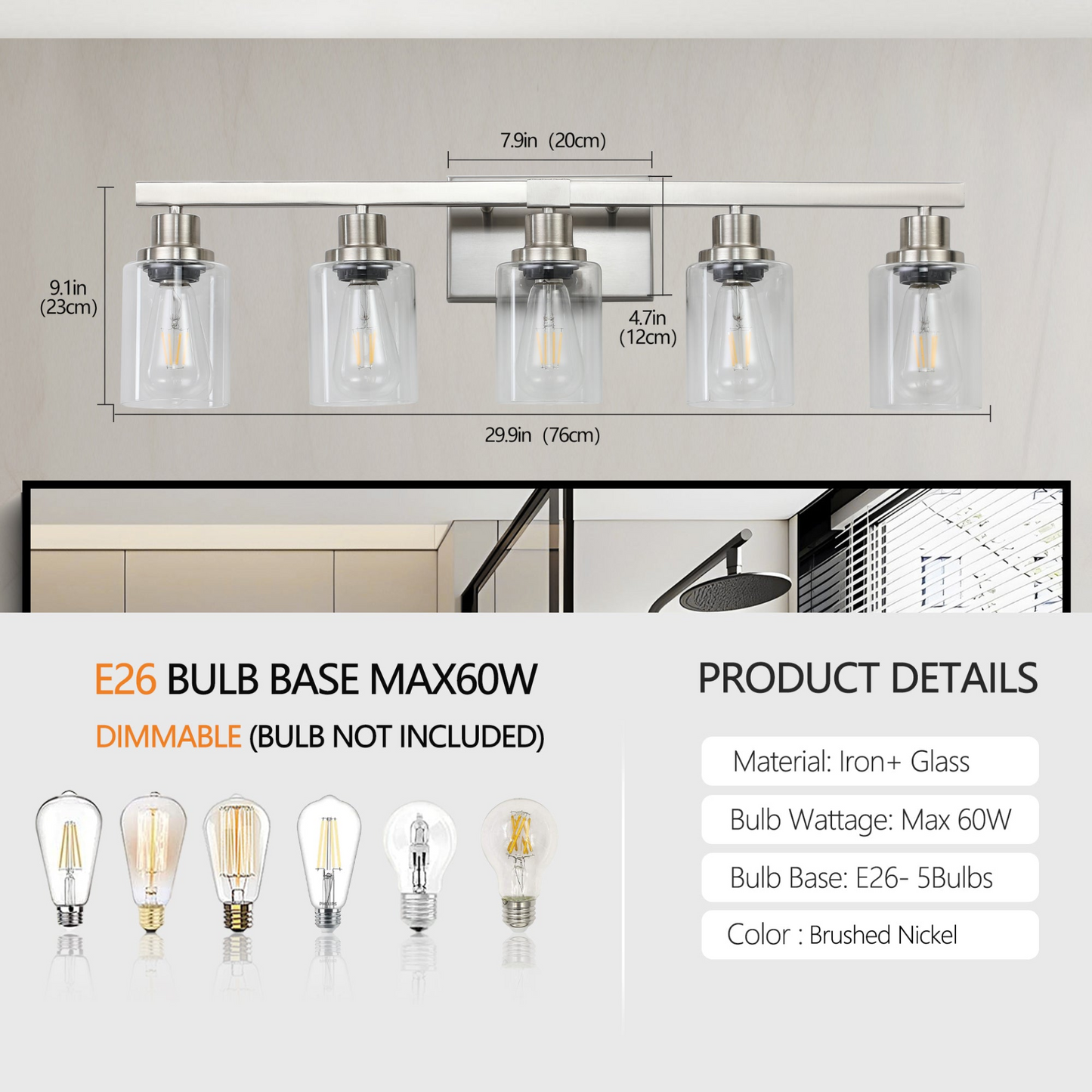 Modern 5-Light Bathroom Vanity Light Fixture - Brushed Nickel Finish with Clear Glass Shades, Perfect for Bathroom, Vanity, and Dressing Area Lighting (No Bulbs)