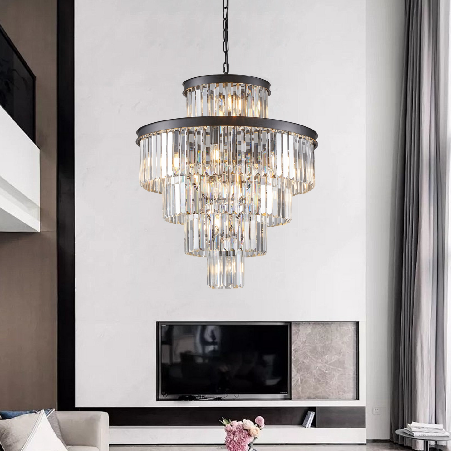 Black Luxury Crystal Chandelier Modern Chandeliers Lights Fixture Hanging Pendant Light Fixture for Dining Room Bedroom Living Room Dia 23.6 Inch-Black
