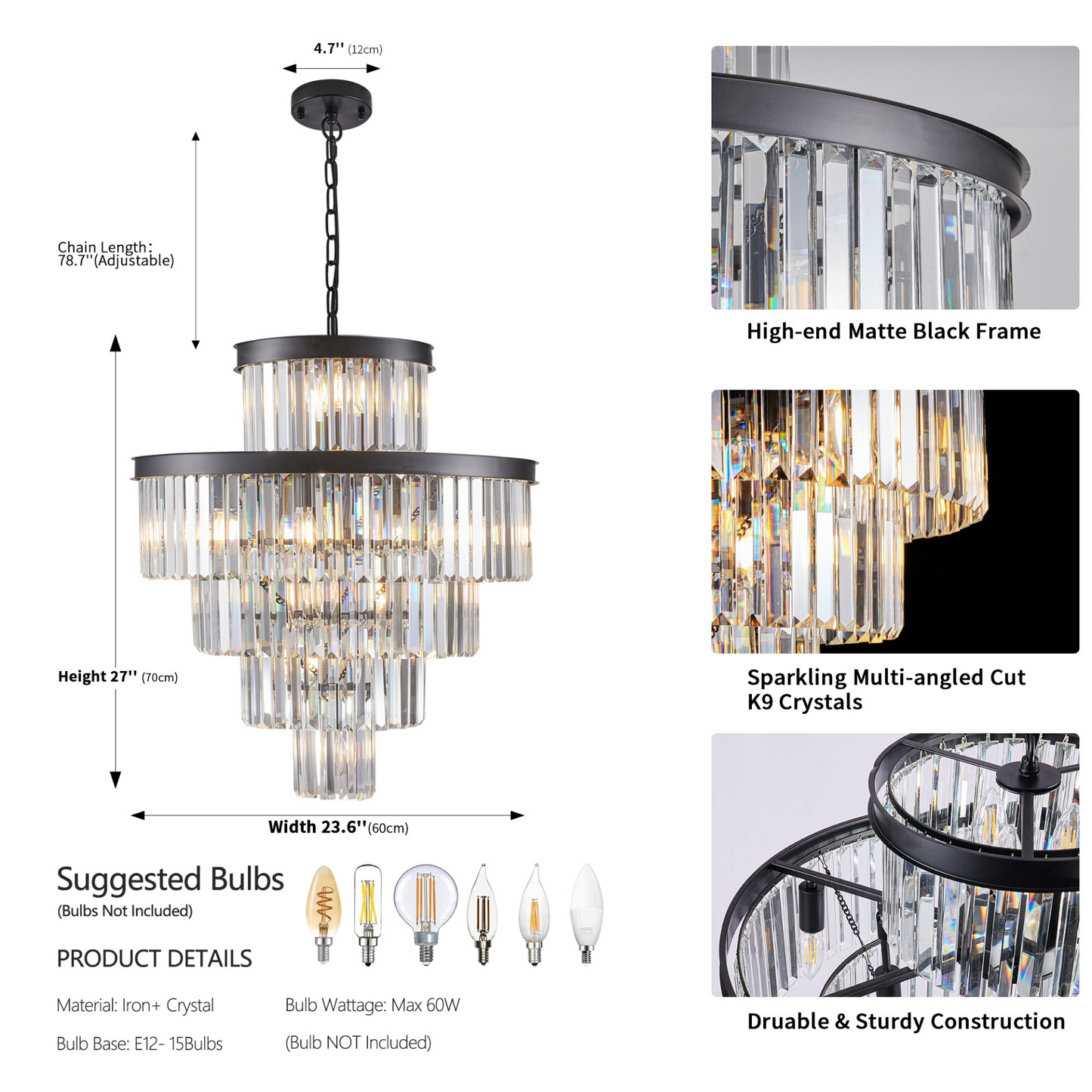 Black Luxury Crystal Chandelier Modern Chandeliers Lights Fixture Hanging Pendant Light Fixture for Dining Room Bedroom Living Room Dia 23.6 Inch-Black