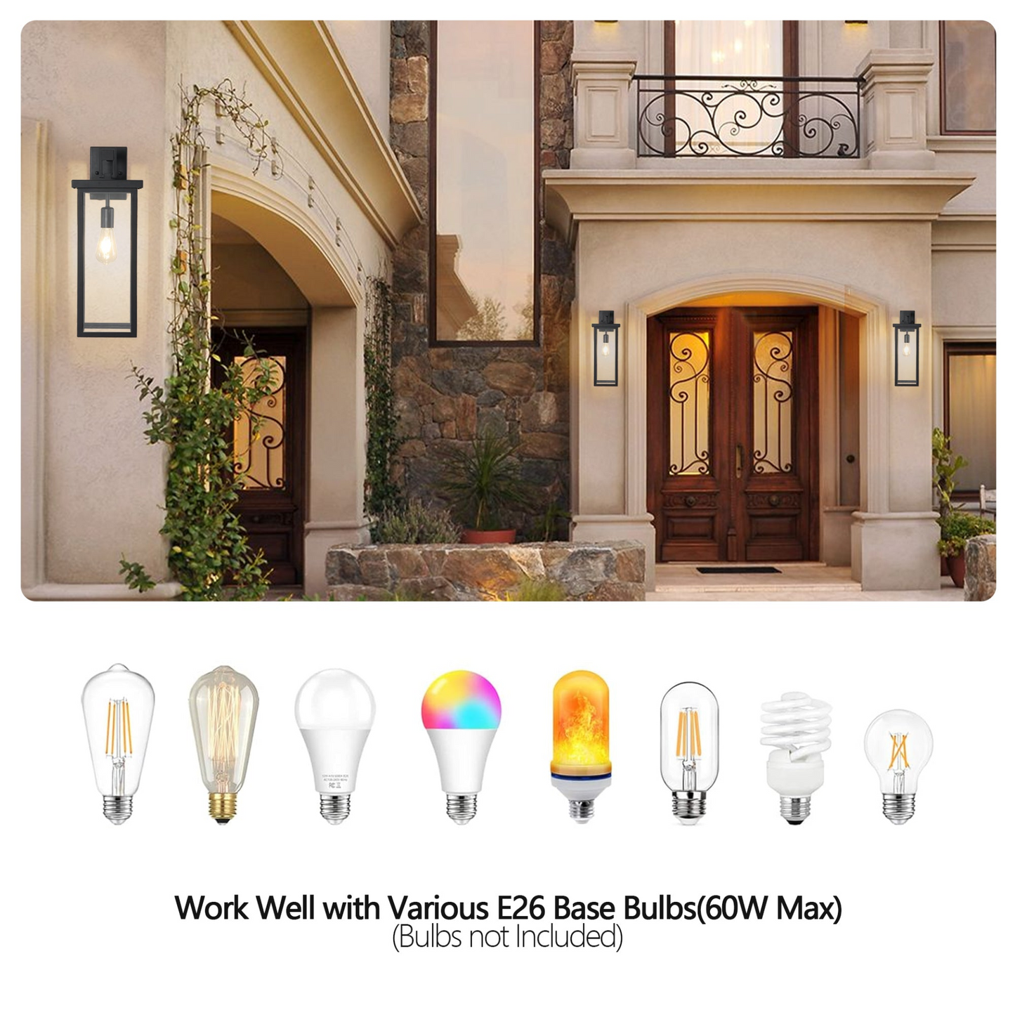 Set of 2 Modern Outdoor Wall Lanterns with Black Metal Frame and Clear Glass, Weatherproof Wall Sconces for Porch, Garage, or Entryway Lighting, E26 Bulb Compatible